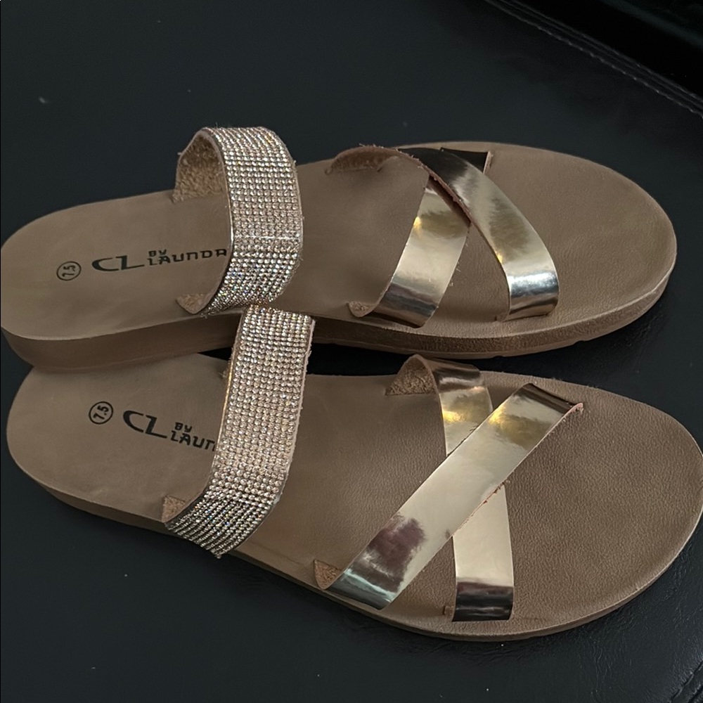 CL by Laundry Gold and Tan Sandals with Rhinestone Straps